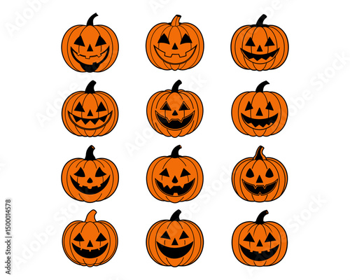 Halloween pumpkin face vector collection - funny jack-o-lantern expressions, cute, scary, beautiful Halloween icons and funny pumpkins for spooky autumn designs.