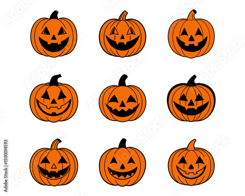 Halloween pumpkin face vector collection - funny jack-o-lantern expressions, cute, scary, beautiful Halloween icons and funny pumpkins for spooky autumn designs.