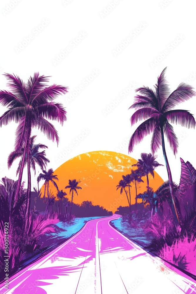 Naklejka premium Miami street scene, vibrant colors, Art Deco buildings, palm trees, sunny day, mid-century cars, lively atmosphere