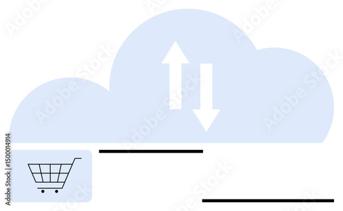 Cloud with arrows indicating data exchange and shopping cart icon. Ideal for e-commerce, cloud storage, data transfer, online shopping, digital services, SaaS models, simple landing page