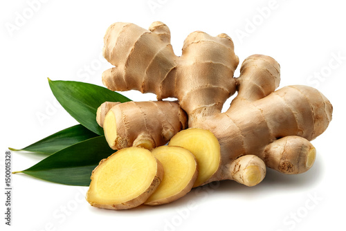 Fresh ginger rhizome with sliced and green leaves isolated on white background.Ginger root and round slices of ginger root isolated 