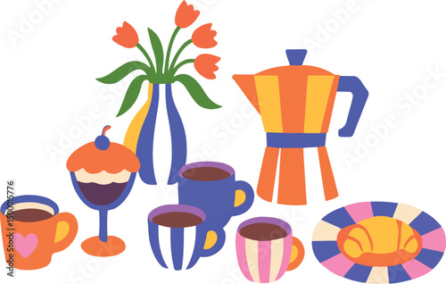 Vector simple minimal illustrations in bright bold colors, simple wavy and groovy doodle naive style, simple hand drawn design templates, summer vacation and travel