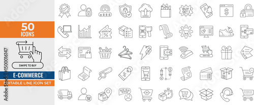E-commerce Line Icon Set – Editable Stroke Vector Illustrations of Online Shopping, Payment, Discounts, Delivery, Cart, Credit Card, and Customer Service