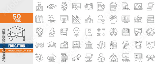 Education Icon Set – Editable Line Vector Icons of Learning, School, E-Learning, Graduation, Teaching, University, and Online Study