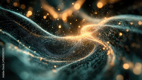 Abstract swirling particles, teal & gold