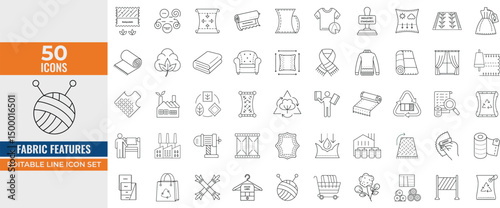 Fabric Features Line Icon Set – Thermo, Recycled, Bamboo, Cotton, Wool, Leather, Waterproof, Textile Industry & Products – Editable Vector Illustration