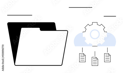 Open folder, cloud icon with gear, floating documents. Ideal for data management, cloud storage, organization, file sharing, automation technology business workflow. Flat simple metaphor