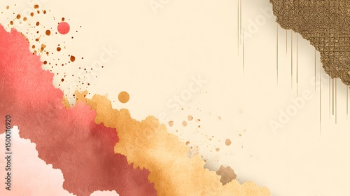 Artistic watercolor splash with gold accents on beige background