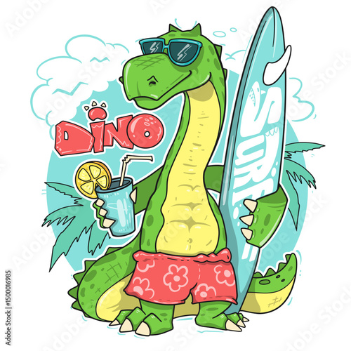 Dinosaur surfing print with drink and summer beach vibes for t-shirt designs