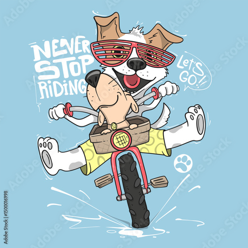 Cute dogs riding bike through puddles, fun and playful design, ideal for t-shirts