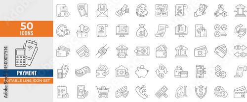 Payment Line Icons Set – Editable Vector Illustrations of Finance, Banking, Credit Cards, Money Transfer, Cash, ATM, Billing, and Online Payment Methods