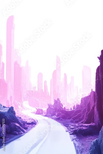 Neon style landscape with road in the middle and city in the background.. Cyber pink, violet and blue colors.