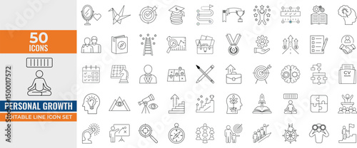 Personal Growth Line Icon Set – Vision, Creativity, Leadership, Success, Career Development, Coaching, Strategy – Editable Vector Illustration