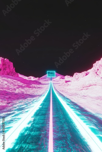 Neon style landscape with road in the middle. Cyber pink, violet and blue colors.