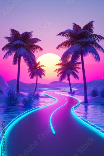 Neon style landscape with road in the middle. Cyber pink, violet and blue colors.
