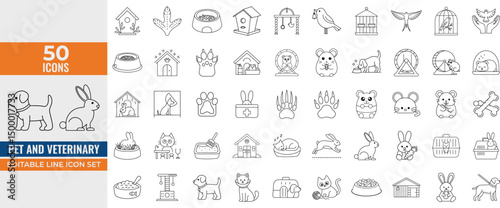 Pet and Veterinary Line Icons Set – Editable Vector Illustrations of Dogs, Cats, Birds, Fish, Pet Accessories & More for Web and Mobile Apps