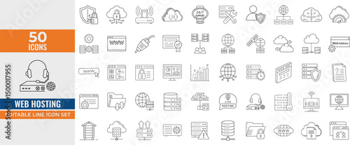 Web Hosting Line Icon Set – Editable Stroke Vector Illustrations of Server, Cloud Computing, Internet, SSL, FTP, Domain, Firewall and Website Management