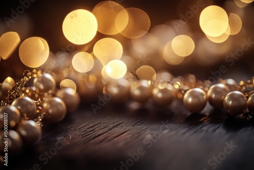 Golden pearl necklace on dark wooden surface with bokeh lights