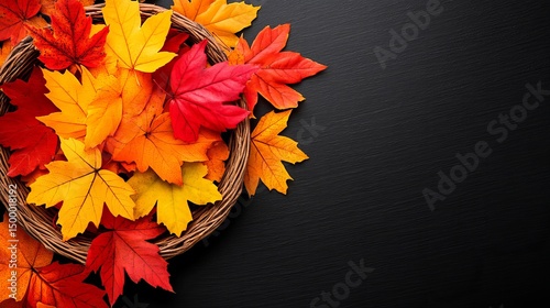 Autumn leaves fill a wicker basket on a dark textured surface, displaying vibrant seasonal colors.