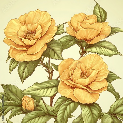 A beautiful illustration of yellow roses with green leaves
