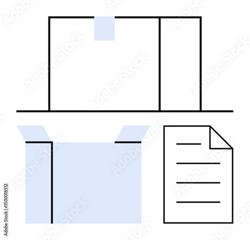 Rectangular box with flaps, open blue container, and detailed black-line document. Ideal for packaging, organization, shipping, logistics, e-commerce, inventory business in flat simple metaphor