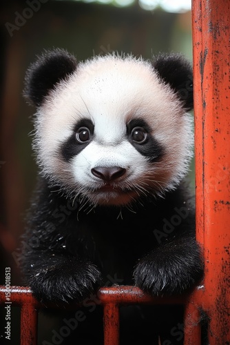 Art-deco style panda. Boho style animal on the background with gold and red details.