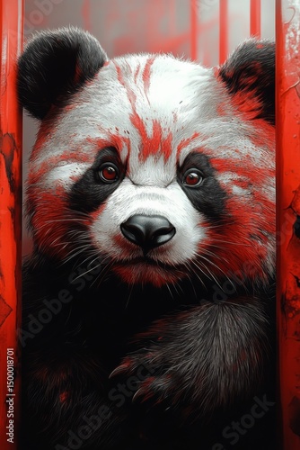 Art-deco style panda. Boho style animal on the background with gold and red details.