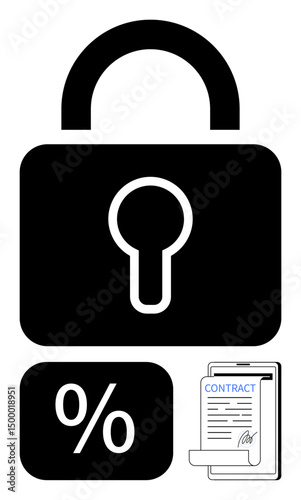 Large padlock, percentage icon, and contract emphasize protection, agreements, finance, confidentiality, compliance, and accountability. Ideal for legal financial business security privacy