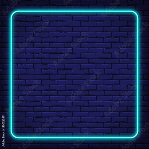 Square blue neon frame on brick background mockup for social media