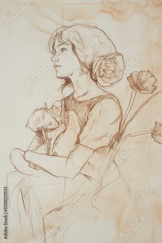 Abstract sketch with woman and lineart and colorful elements. Person art on light background.