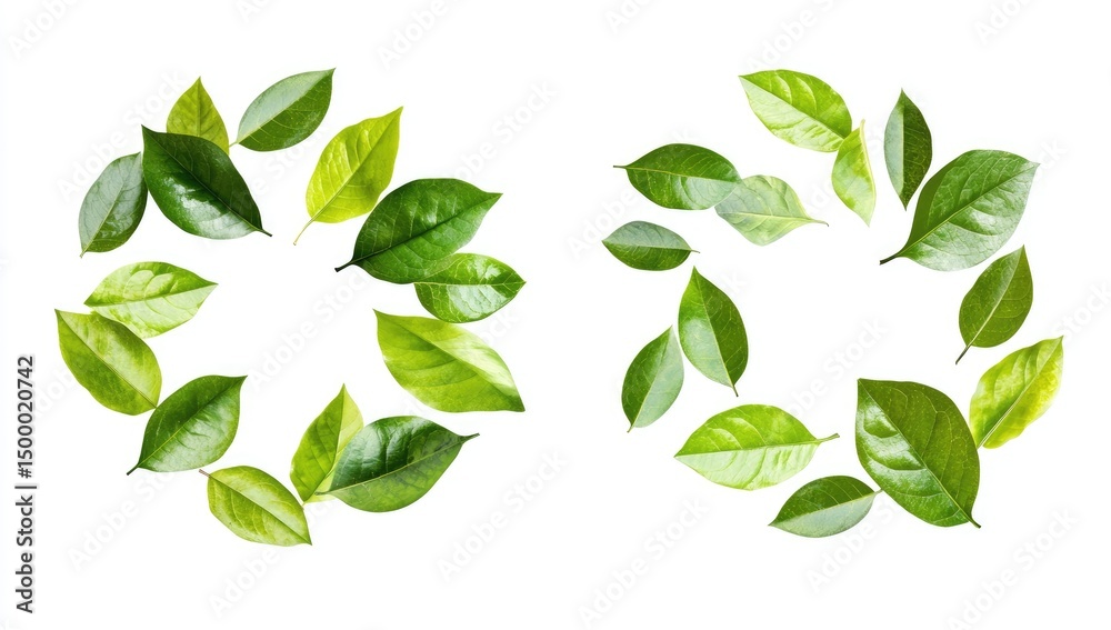 Naklejka premium Two circular arrangements of vibrant green leaves on white background