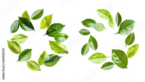 Two circular arrangements of vibrant green leaves on white background