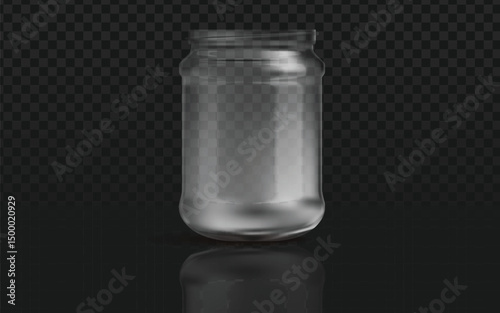 Realistic empty clear glass jar with reflection, isolated on a transparent background. Perfect for food packaging mockups, preserves, or storage container designs.