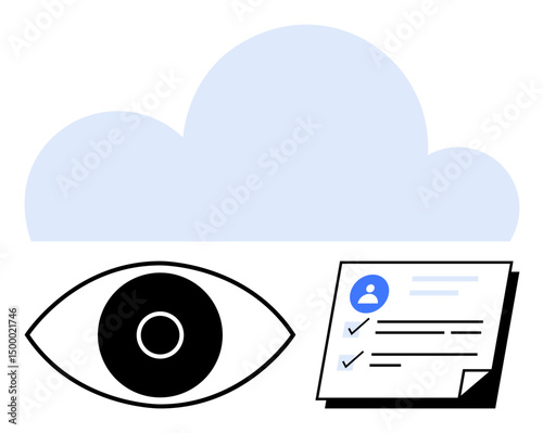 Cloud in the background above an eye and user data checklist. Ideal for privacy, security, monitoring, data management, online storage, identity verification, simple landing page