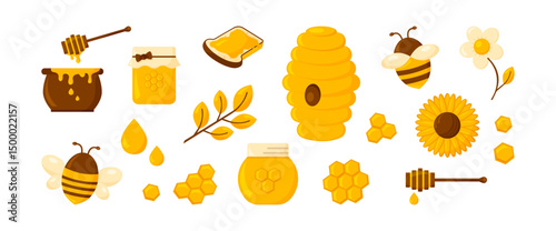 Honey jar, bee and hexagon icon, beehive and pot, wax cell, sunflower, insect and honeycomb golden set pictogram on white background. Taste sweet food product flat design. Apiary vector illustration
