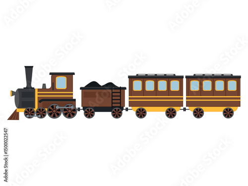 Vector illustration of an old vintage steam train with coal and passenger wagons. Retro style, isolated on white background. Ideal for children’s books, posters, transport themes.