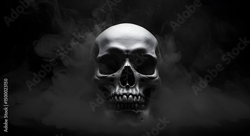 A skull surrounded by dark smoke against a black background in a dramatic and moody photograph