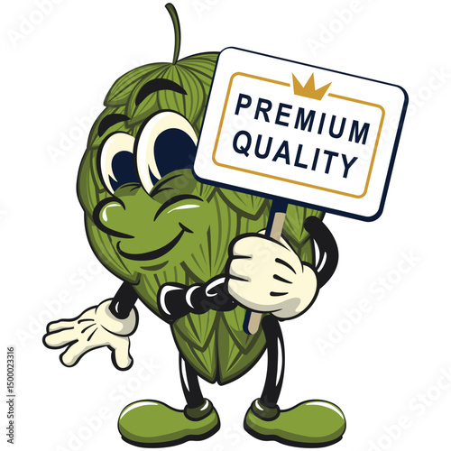 vintage hops vektor illustration mascot character with a sign that says premium quality, work of hand drawn