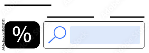 Black percentage symbol, magnifying glass, and blank search bar suggest discovery, analysis, and precision. Ideal for finance, search, research analytics marketing calculations education. Flat