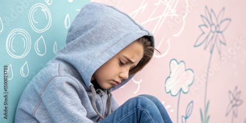 child in a hooded sweatshirt sits sadly against a split-colored wall with hand-drawn rain and flowers, symbolizing childhood struggle. Ideal for websites/blogs on mental health, children's issues