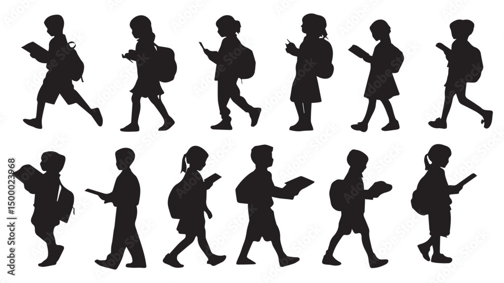 Obraz premium Kids Walking School Silhouettes
