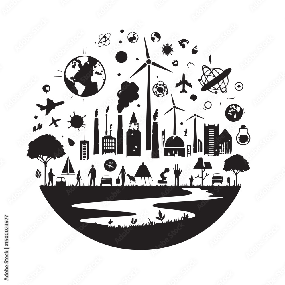 Obraz premium Black Environmental Science Silhouette Vector, High Quality Illustration on White Background