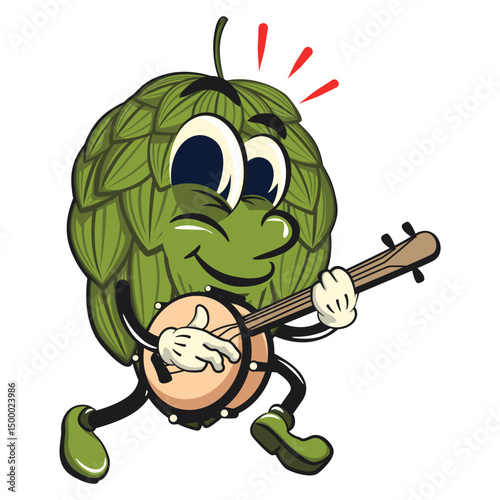 vintage hops vektor illustration mascot character playing the banjo musical instrument, work of hand drawn