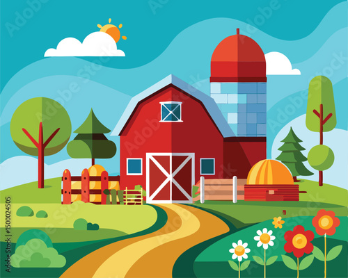 Picturesque Farm Scene. Red Barn. Silo. and Lush Greenery