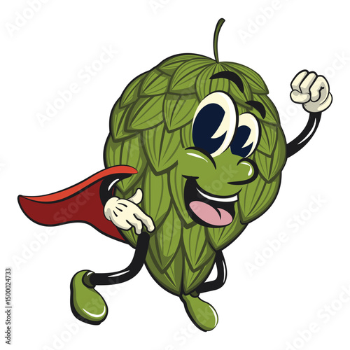 vintage hops vektor illustration mascot character as flying superhero wearing a robe, work of hand drawn