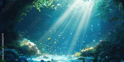 Sunlight streams through an underwater cave, illuminating schools of fish