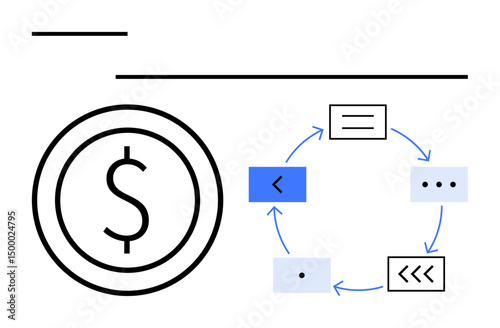 Dollar sign inside a circle next to a circular workflow diagram with arrows and text blocks. Ideal for finance, budgeting, process optimization, data flow, strategy, business analysis, simple landing
