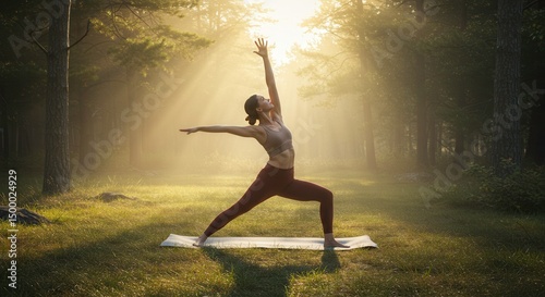 Woman practicing yoga Virabhadrasana I pose outdoors at sunrise in misty forest