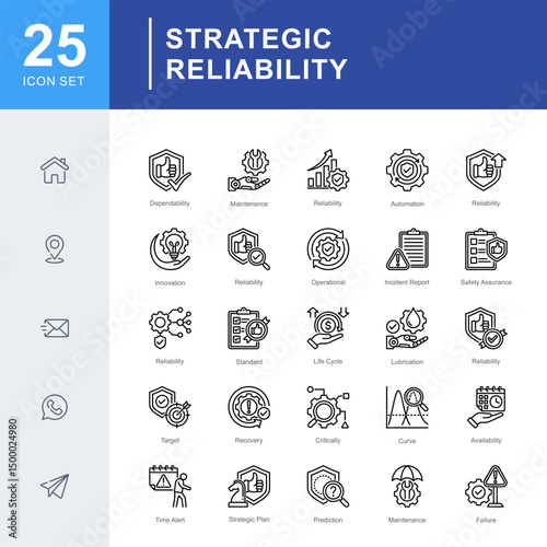 Strategic Reliability icon set for reliability management covering maintenance, dependability, failure prevention, and strategic planning in industrial and operational systems.