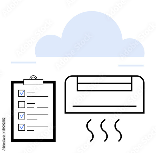 Air conditioner emitting heat lines beside a checklist and soft cloud backdrop. Ideal for maintenance guide, energy saving, HVAC tips, home cooling, travel comfort, summer care, simple landing page